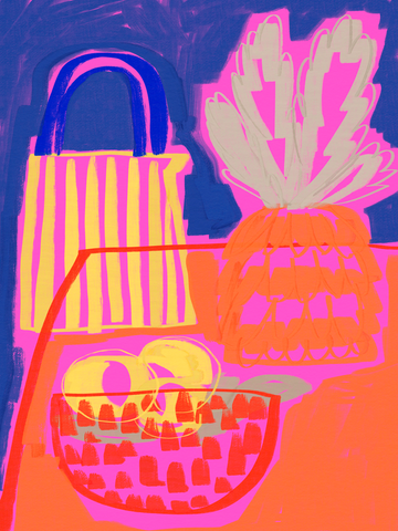 Illustration eines Einkaufswagens mit Ananas und gestreifter Tasche in leuchtenden Farben.