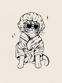 Illustration einer Katze mit Herz-Sonnenbrille und Bademantel.