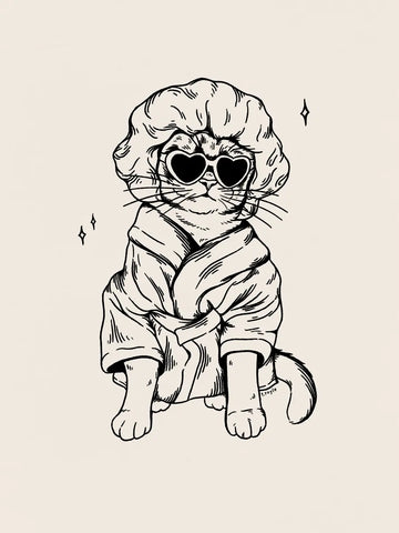 Illustration einer Katze mit Herz-Sonnenbrille und Bademantel.