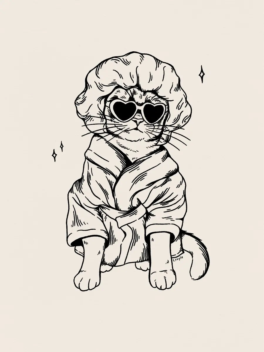 Illustration einer Katze mit Herz-Sonnenbrille und Bademantel.