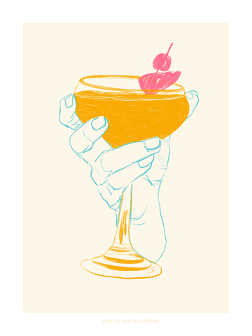 Illustration eines gelben Cocktails mit roter Kirsche, gehalten von einer Hand auf hellbeigem Hintergrund.