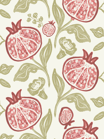 Handgemalte Granatäpfel und grüne Blätter auf hellbeigem Hintergrund.
