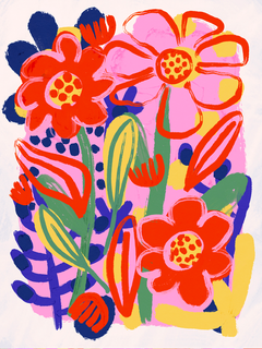 Poster mit handgemalten Blumen in kräftigen Farben Rot, Rosa, Gelb und Blau.