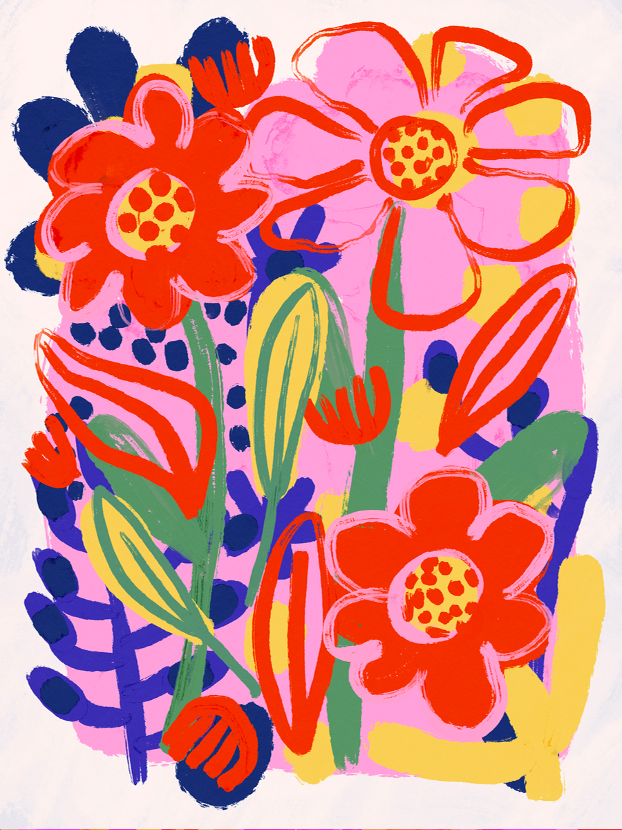 Poster mit handgemalten Blumen in kräftigen Farben Rot, Rosa, Gelb und Blau.