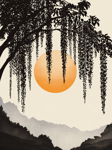 Grafische Illustration eines orangefarbenen Kreises zwischen schwarzen Ästen und Blättern mit beigem Hintergrund.