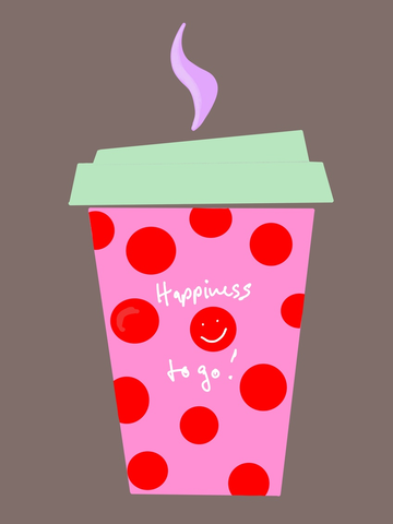 Illustration einer rosa Kaffeetasse mit roten Punkten und dem Text "Happiness to go" auf braunem Hintergrund.