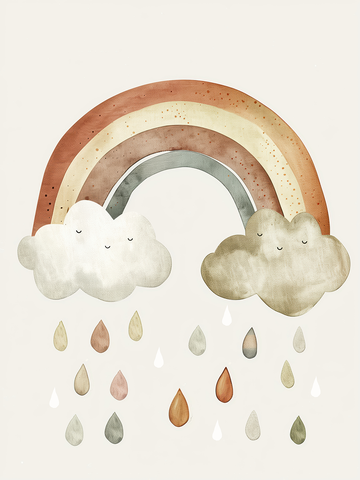 Illustration eines Regenbogens zwischen zwei Wolken mit Regentropfen in erdigen Farben auf hellem Hintergrund.