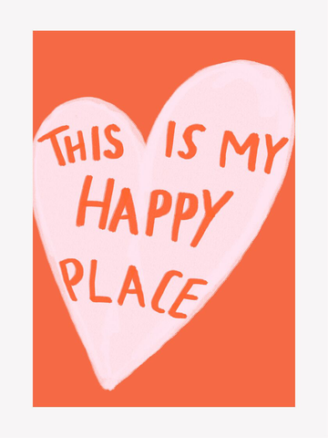 Illustration mit einem großen rosa Herz und dem Text "This is my happy place" auf rotem Hintergrund.