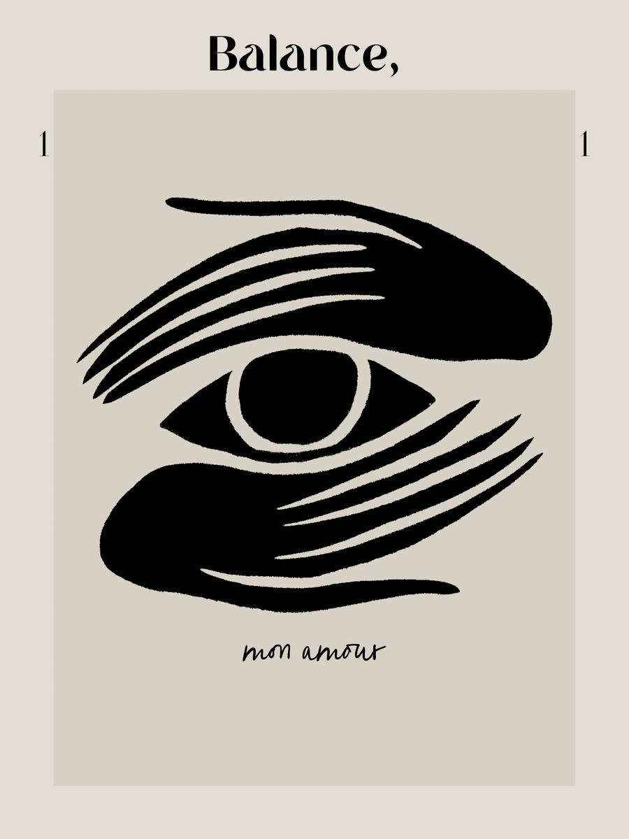 Grafische Illustration eines Auges mit dem Text "Balance, mon amour" auf beigem Hintergrund.