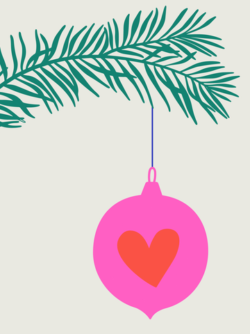 Illustration einer grünen Tannennadel mit einer rosa Weihnachtskugel und einem roten Herz.