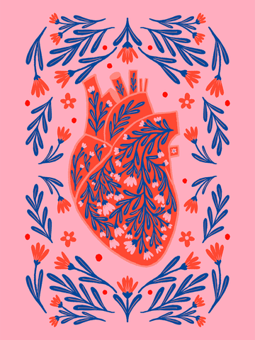 Ein Herz mit blauen und roten Blumen auf rosa Hintergrund.