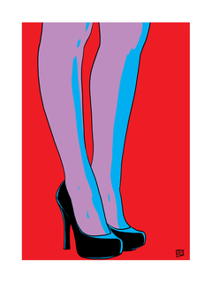 Illustration von Beinen in High Heels auf rotem Hintergrund.