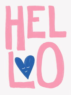Poster mit dem Wort "Hello" in rosa und einem blauen Herz mit Gesicht.