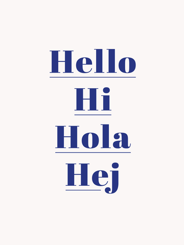 Begrüßungsposter mit dem Text Hello Hi Hola Hej in Blau auf weißem Hintergrund.