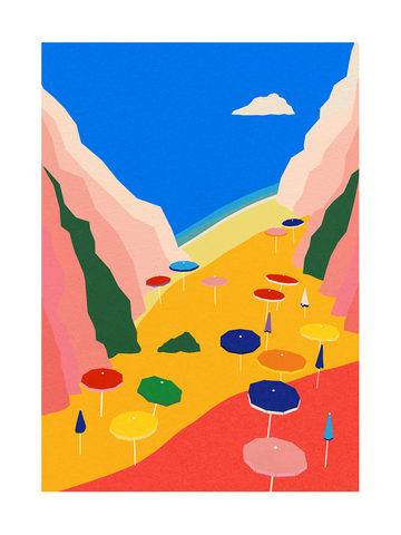 Illustration eines Strandes mit bunten Sonnenschirmen in einer versteckten Bucht.