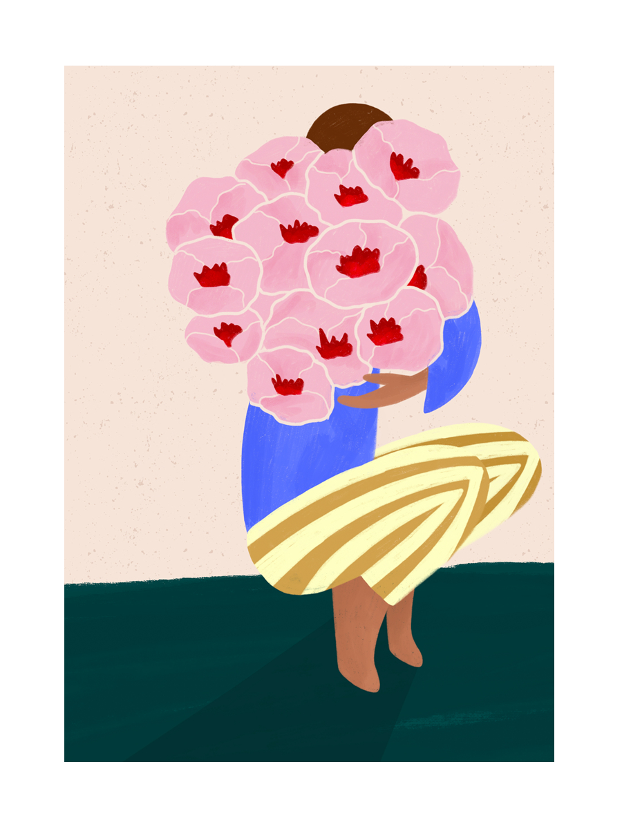 Illustration einer Frau mit einem Strauß rosa Blumen vor einem beigen Hintergrund.