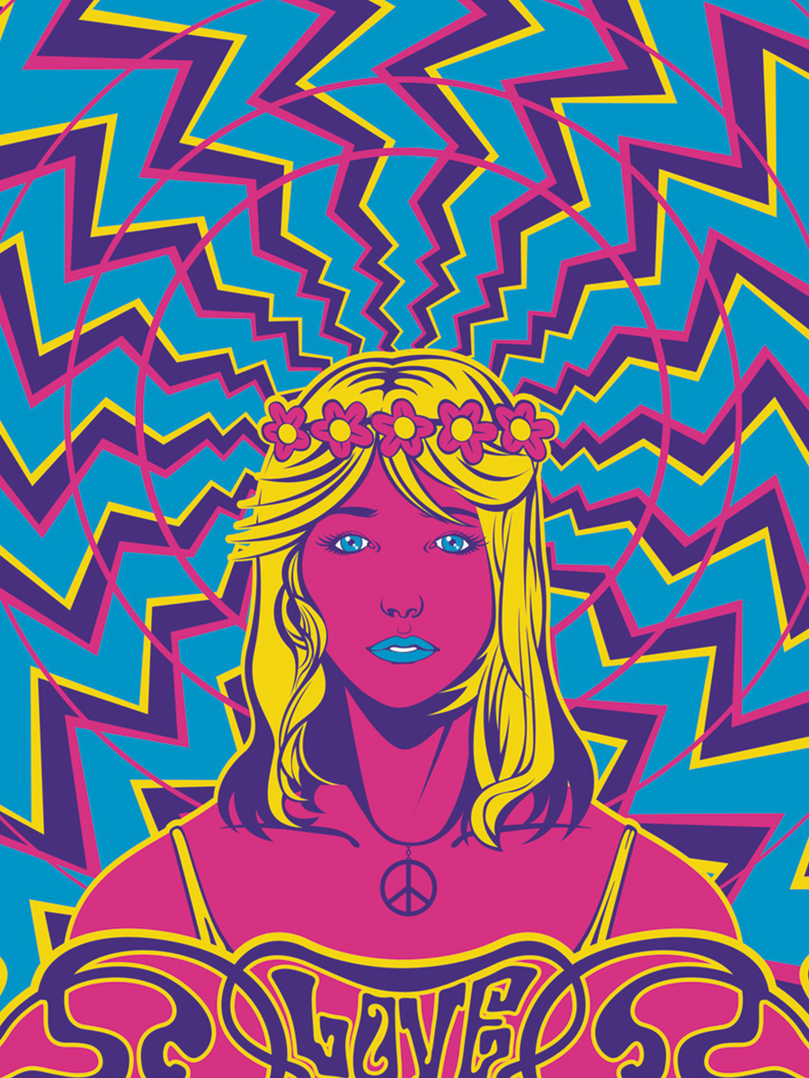 Poster einer Frau mit Blumenkrone und psychedelischem Muster in Blau, Pink und Gelb, mit dem Wort „Love“ unten.