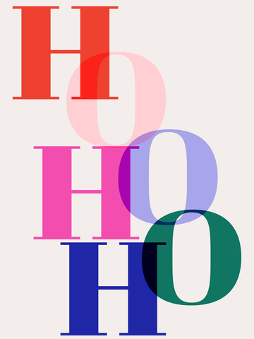 Grafische Kunst mit dem Text „Ho ho ho“ in verschiedenen Farben auf beigem Hintergrund.