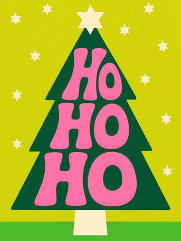 Weihnachtsbaum mit rosa "Ho ho ho" Text und Sternen auf gelbem Hintergrund.