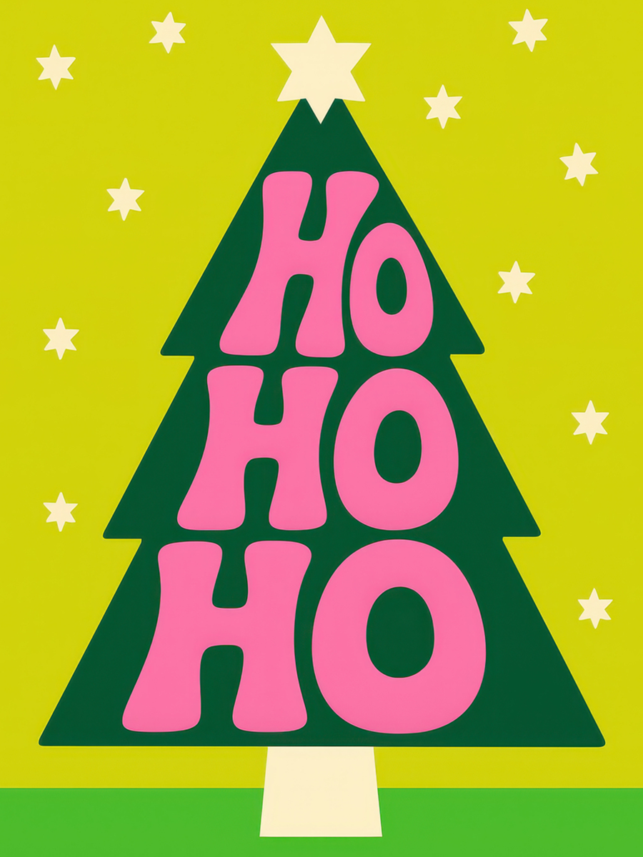 Weihnachtsbaum mit rosa "Ho ho ho" Text und Sternen auf gelbem Hintergrund.
