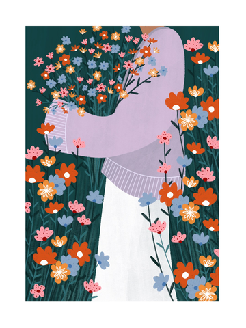 Illustration einer Person mit lila Pullover und weißem Rock, die einen Blumenstrauß hält, umgeben von bunten Blumen vor dunkelgrünem Hintergrund.