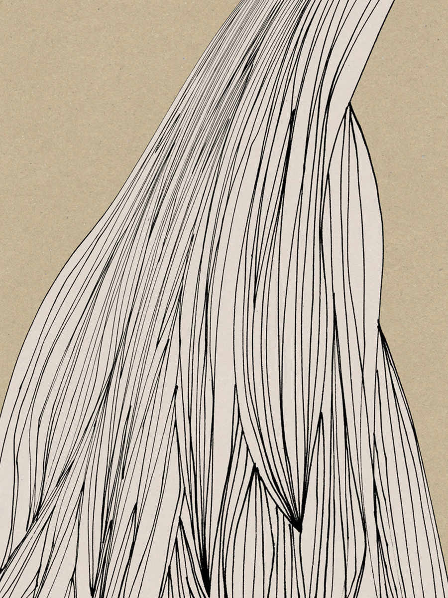 Abstrakte schwarze Linien auf beigem Hintergrund, die eine organische Form bilden.