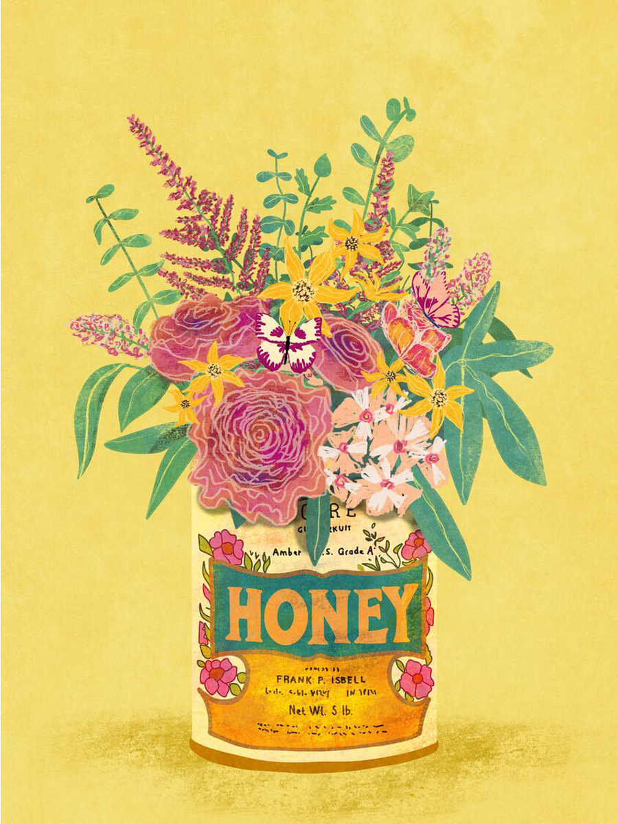 Poster mit einem Blumenstrauß in einer Honigdose auf gelbem Hintergrund.