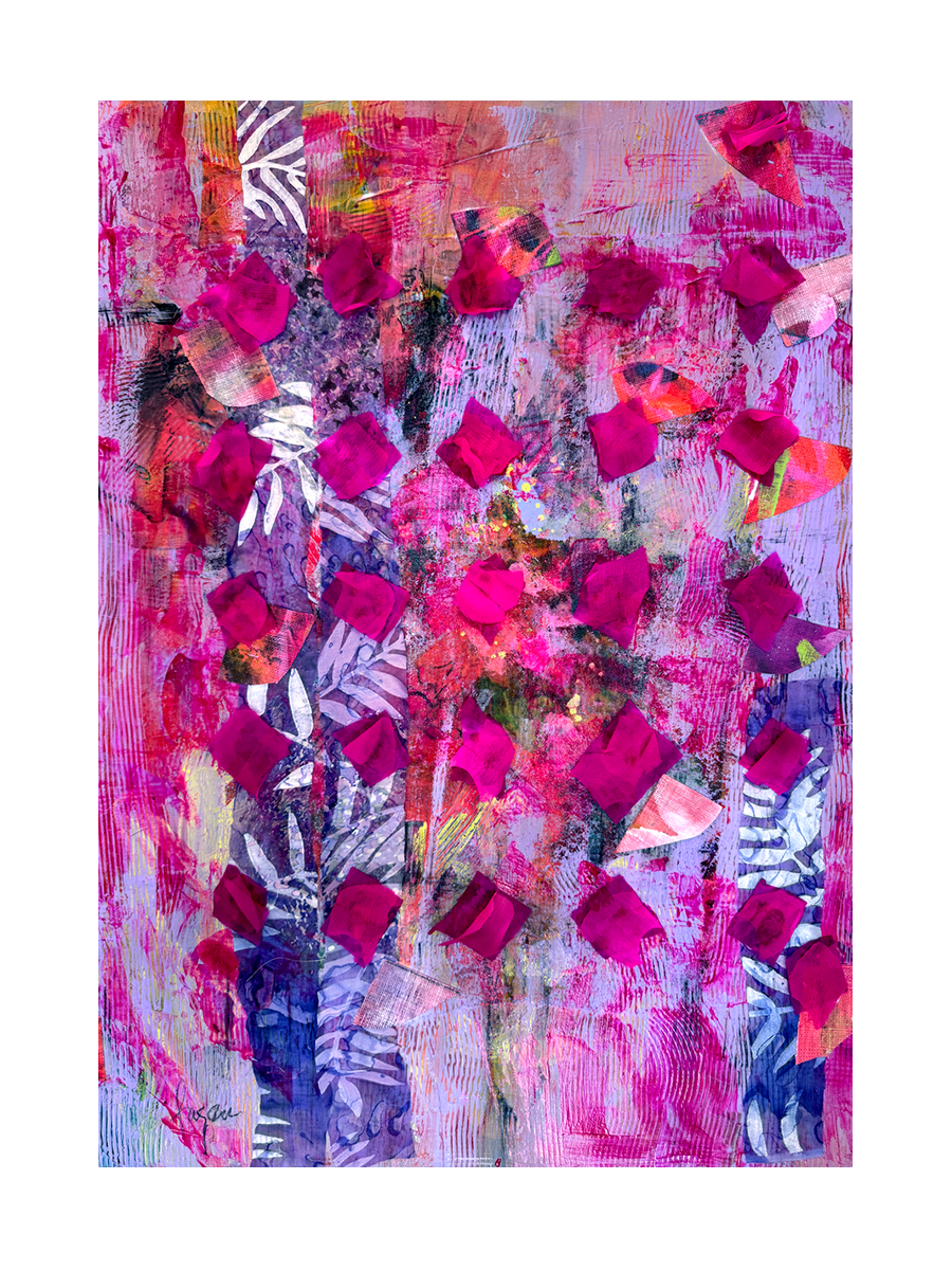 Abstrakte Collage in Pink-, Lila- und Rottönen mit weißen Blättern.
