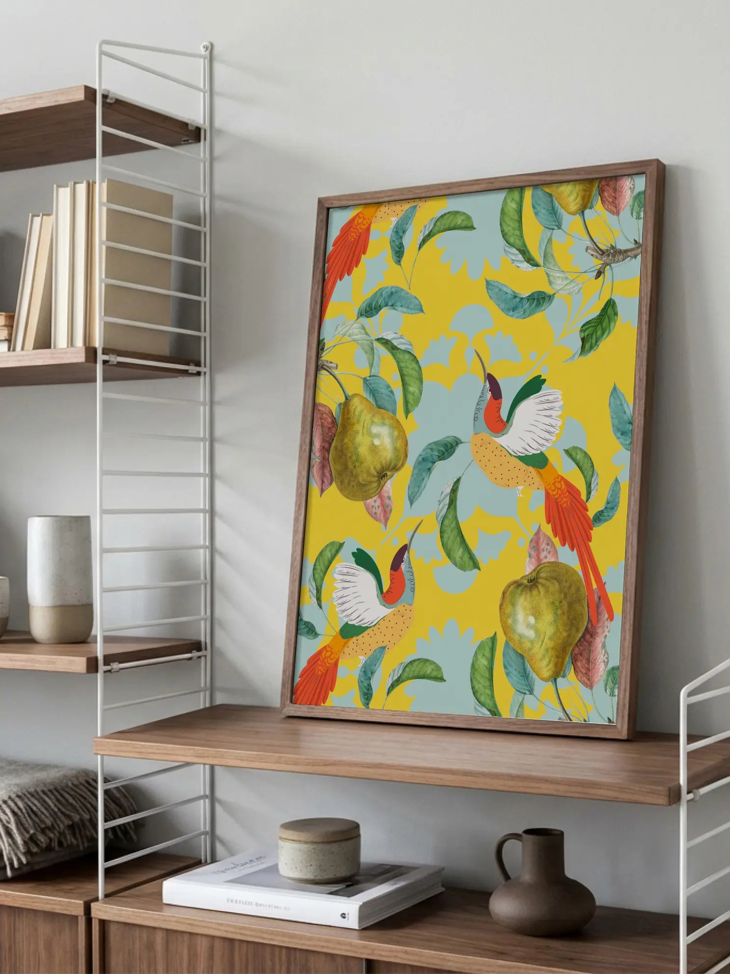 Hummingbirds And Pears On Yellow Poster
