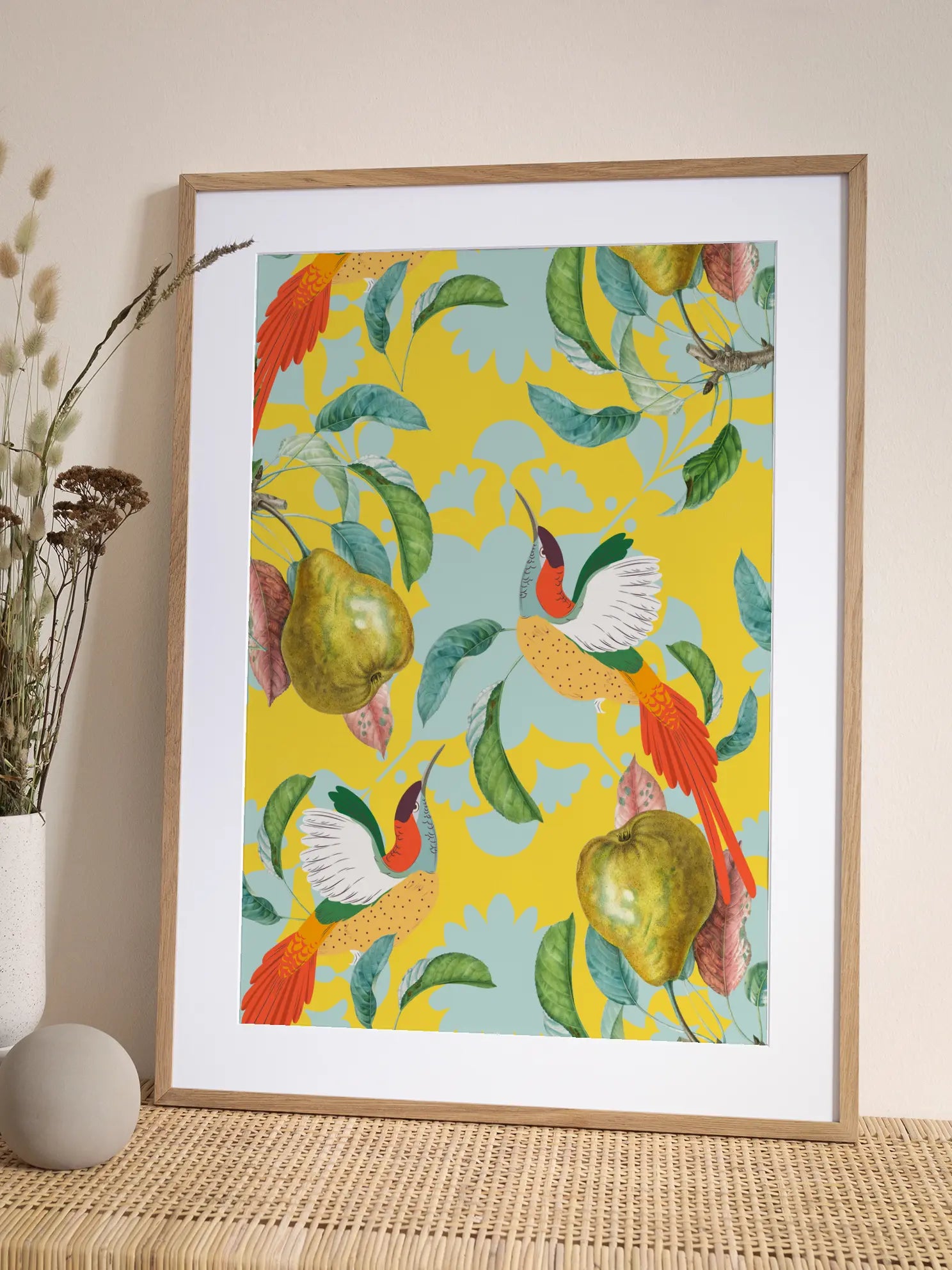 Hummingbirds And Pears On Yellow Poster