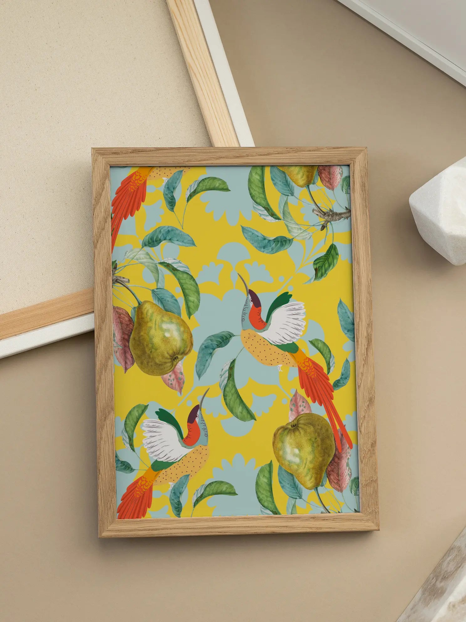Hummingbirds And Pears On Yellow Poster