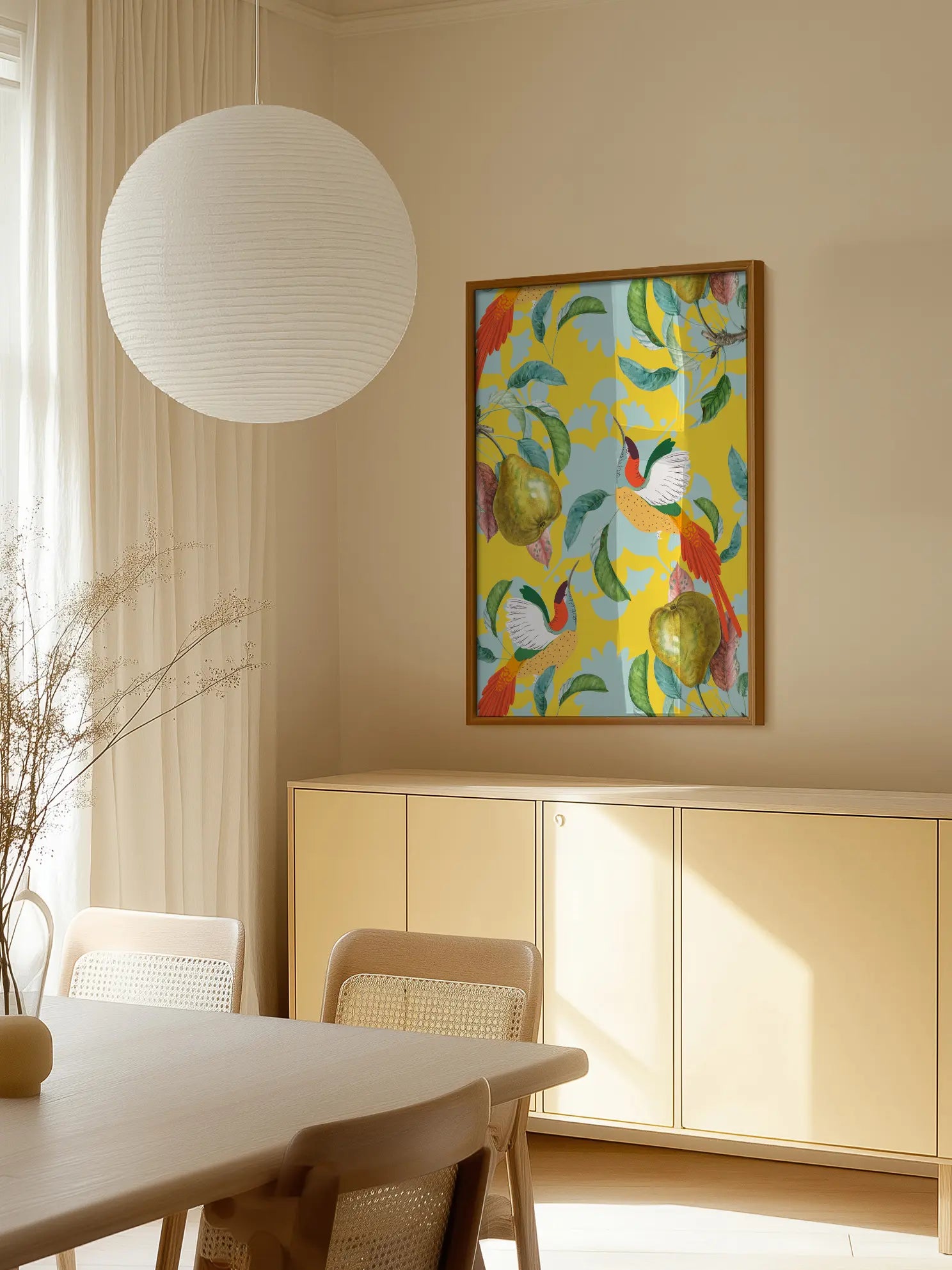 Hummingbirds And Pears On Yellow Poster