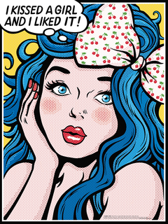 Pop-Art-Illustration einer Frau mit blauen Haaren und einer Sprechblase mit dem Text „I kissed a girl and I liked it!“
