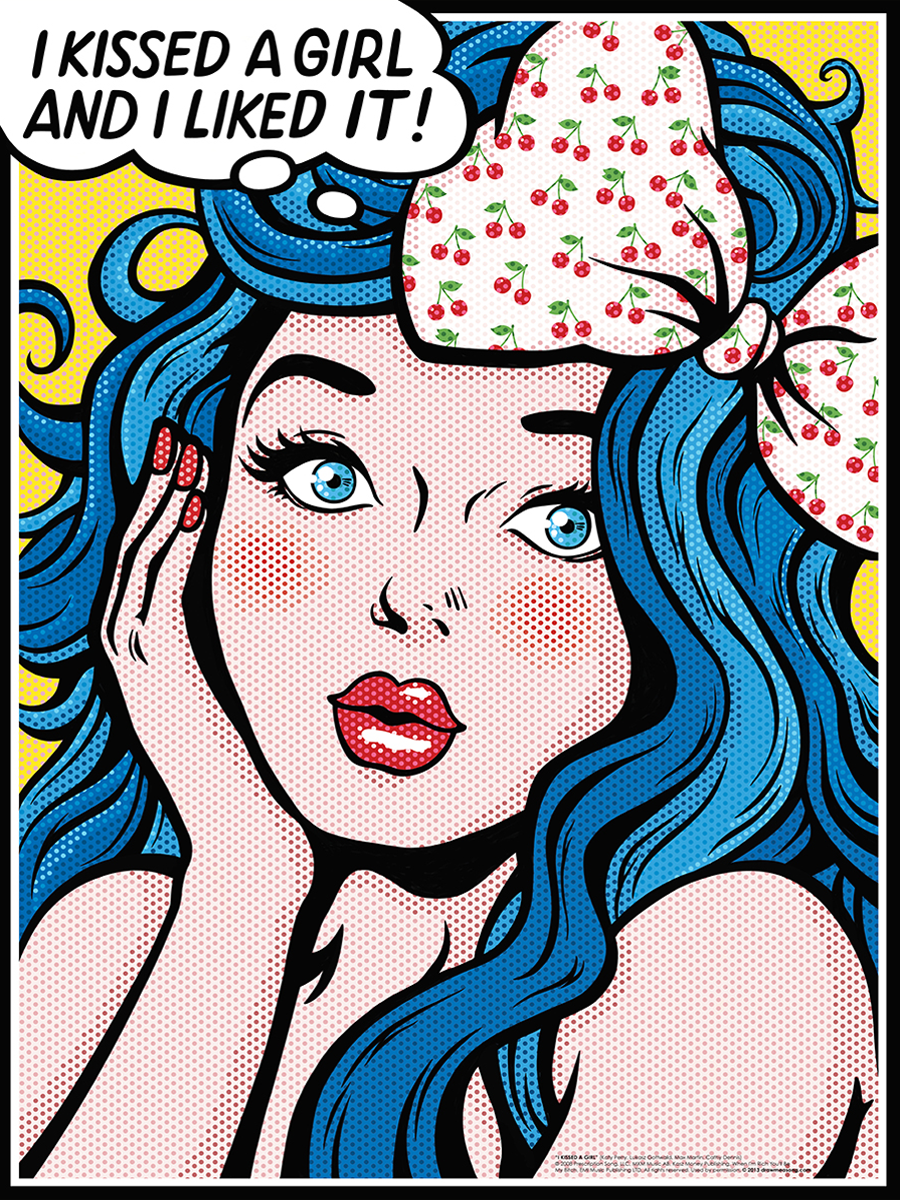 Pop-Art-Illustration einer Frau mit blauen Haaren und einer Sprechblase mit dem Text „I kissed a girl and I liked it!“
