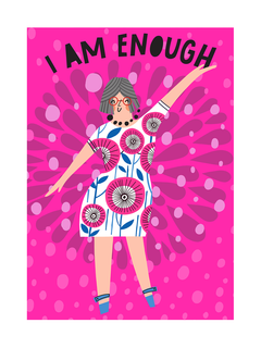 Illustration einer Frau in einem geblümten Kleid vor einem pinkfarbenen Hintergrund mit dem Text "I am enough".