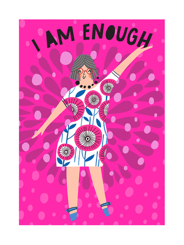 Illustration einer Frau in einem geblümten Kleid vor einem pinkfarbenen Hintergrund mit dem Text "I am enough".