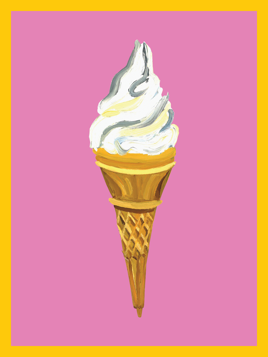 Illustration eines Eis in einer Waffel vor einem rosa Hintergrund mit gelbem Rahmen.