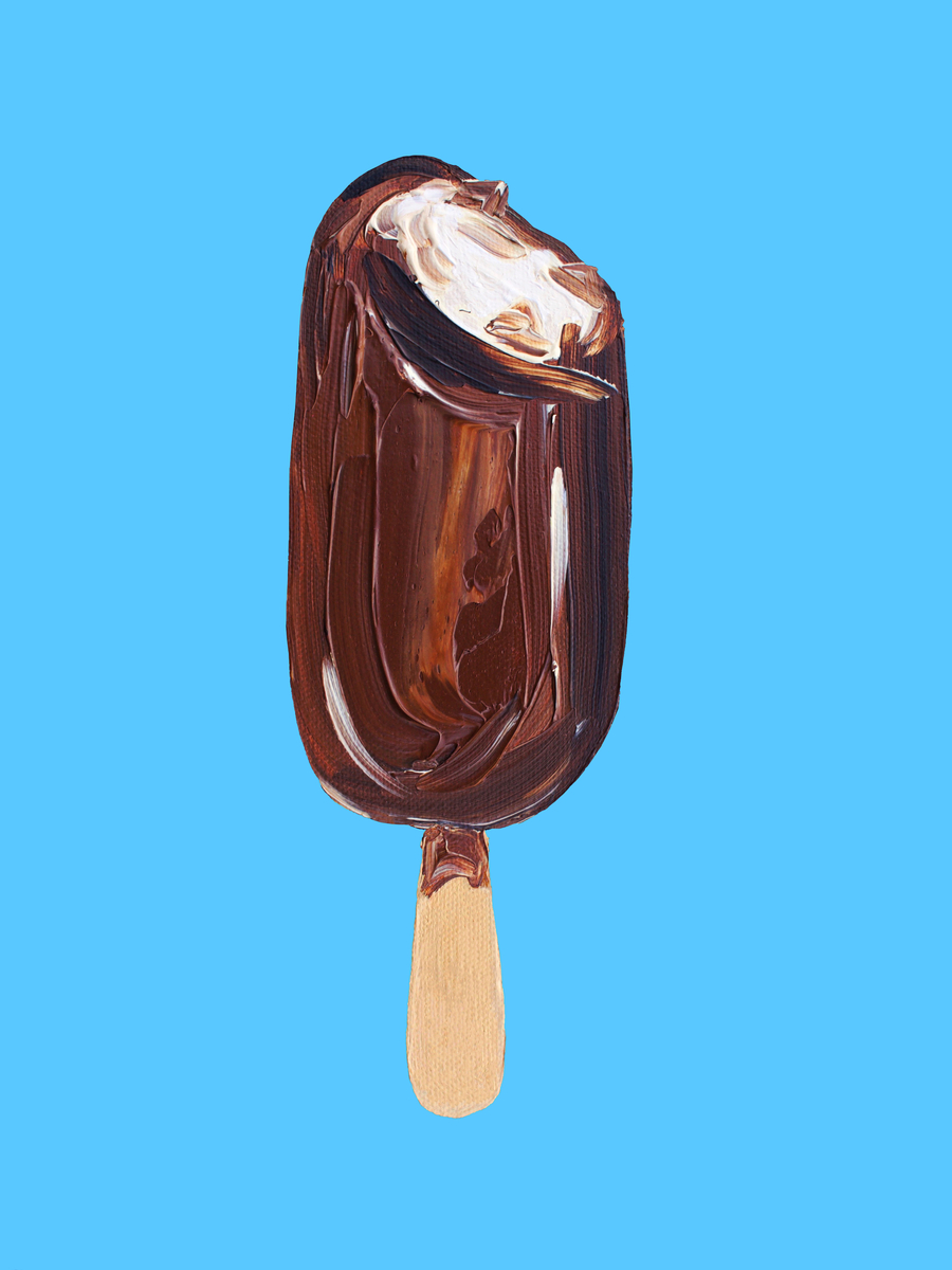Illustration eines Schokoladeneis am Stiel vor blauem Hintergrund.