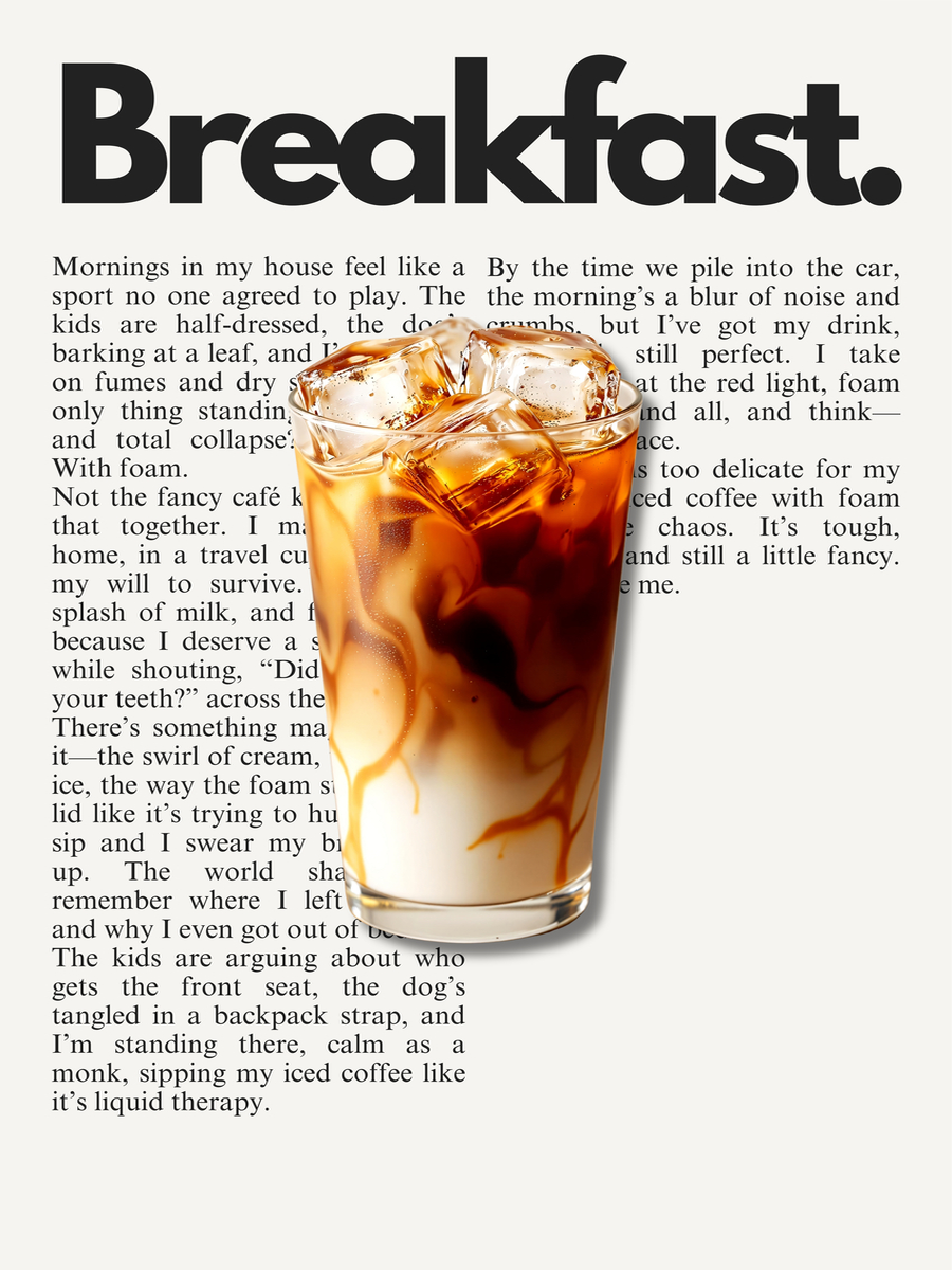 Poster mit einem Glas Eiskaffee und dem Wort "Breakfast" in fetter Schrift.