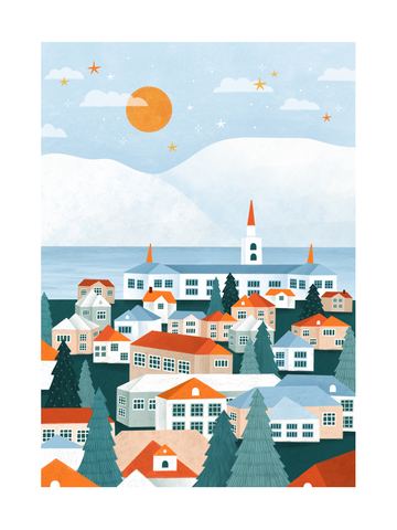 Illustration eines Winterdorfs mit schneebedeckten Dächern, orangefarbenem Himmel und Bergen im Hintergrund.