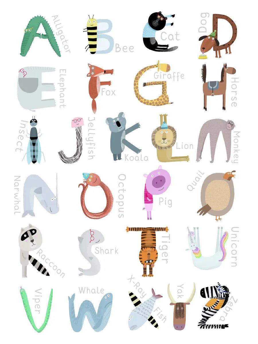 Buchstabenposter für Kinder mit Tieren, die das Alphabet darstellen.