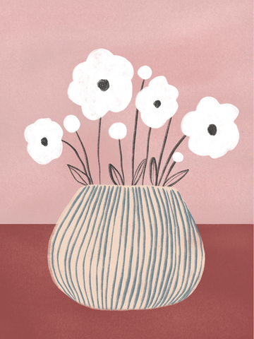 Illustration einer gestreiften Vase mit weißen Blumen vor einem staubrosa Hintergrund.