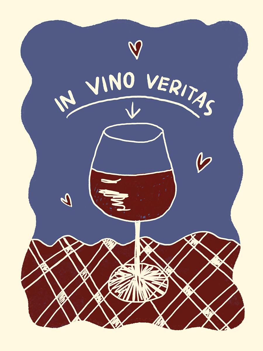 Grafische Illustration eines Rotweinglases auf einer karierten Tischdecke mit dem Text „In vino veritas“ und kleinen roten Herzen auf dunkelblauem Hintergrund.