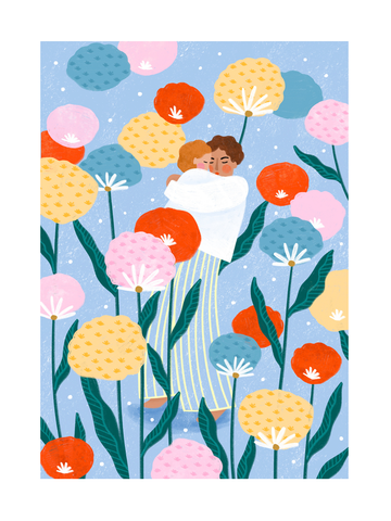 Illustration eines sich umarmenden Paares in einem Garten mit bunten Blumen.