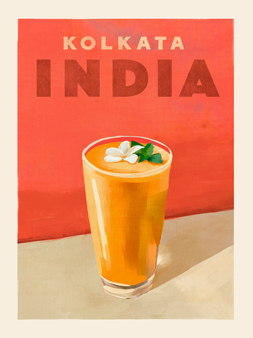 Poster eines Mangolassi vor einem roten Hintergrund mit dem Text "Kolkata India".