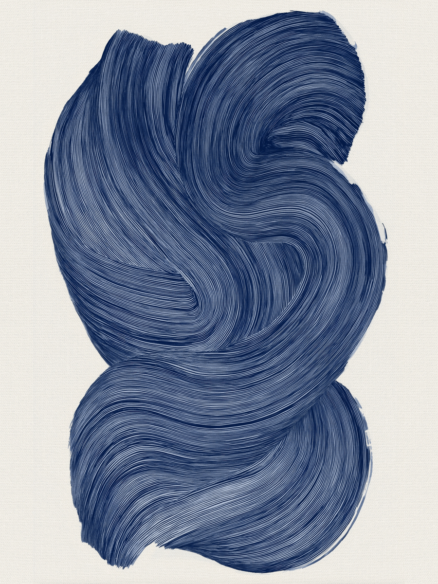 Abstrakte blaue Pinselstriche auf beigem Hintergrund.