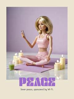 Puppe in Meditationspose mit Kerzen und Smartphone, Text "Peace - Inner peace, sponsored by Wi-Fi".