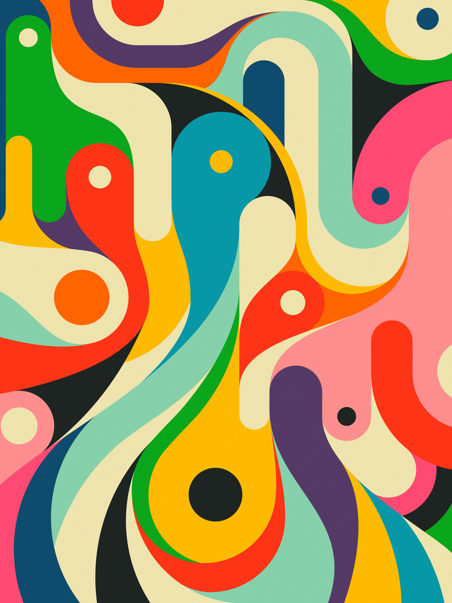 Abstraktes Design mit geschwungenen Formen in leuchtenden Regenbogenfarben.