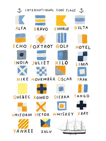 Poster mit internationalen Code-Flaggen des Alphabets und einem Schiff.