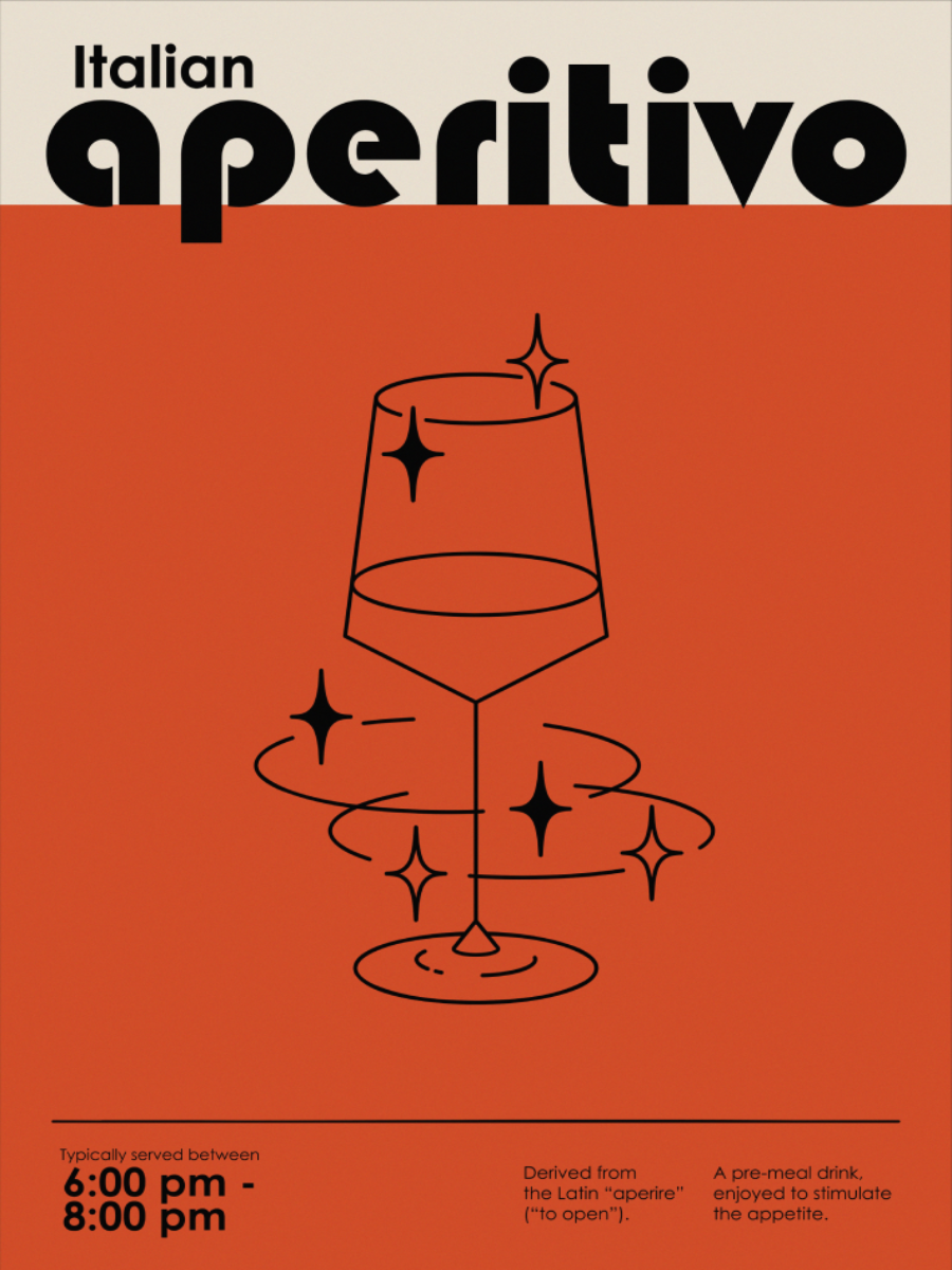 Grafische Illustration eines Aperitivo-Glases in Schwarz auf orangefarbenem Hintergrund mit schwarzem Text.